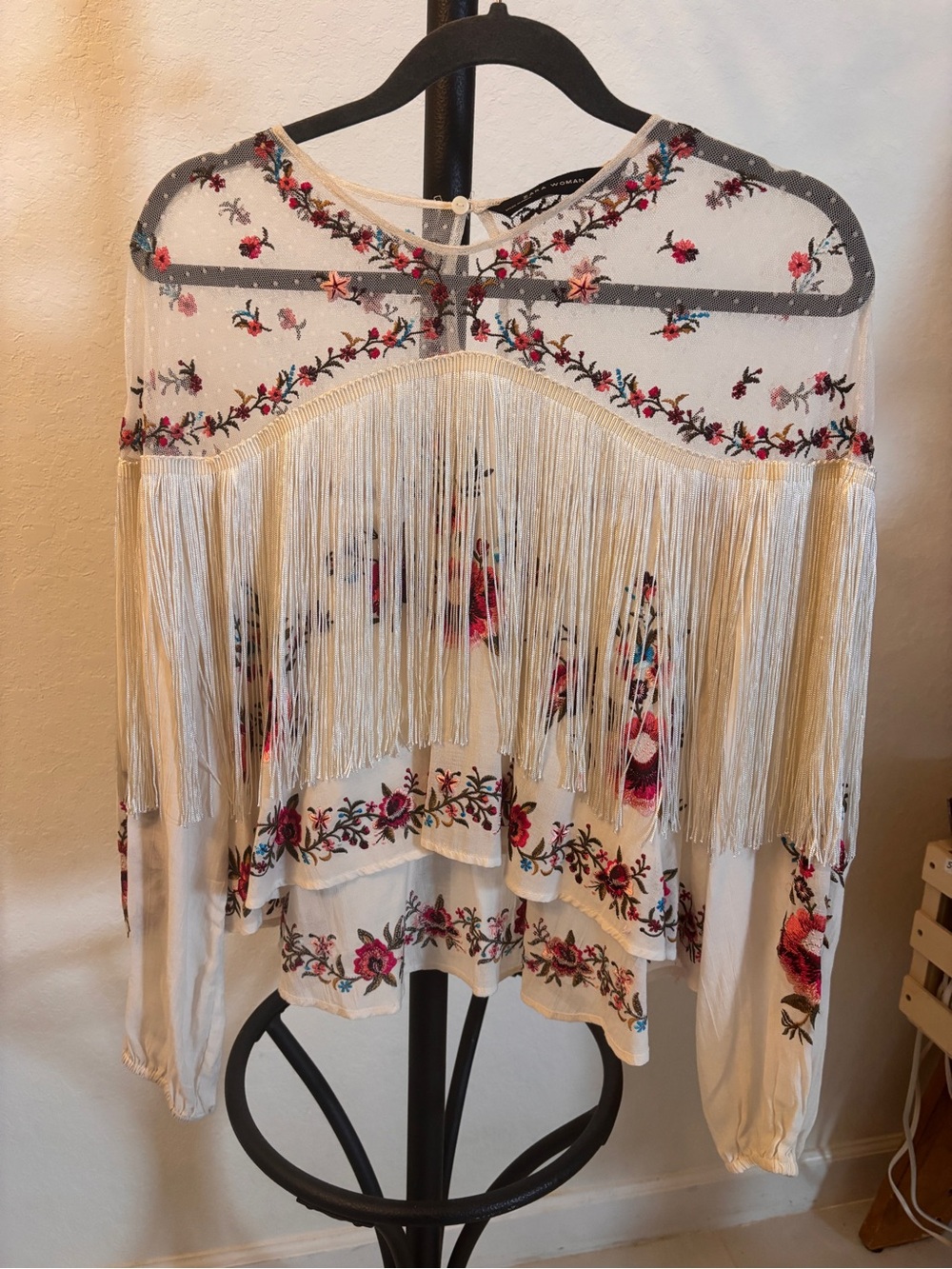 Zara Cream Fringe Floral Embroidered Blouse